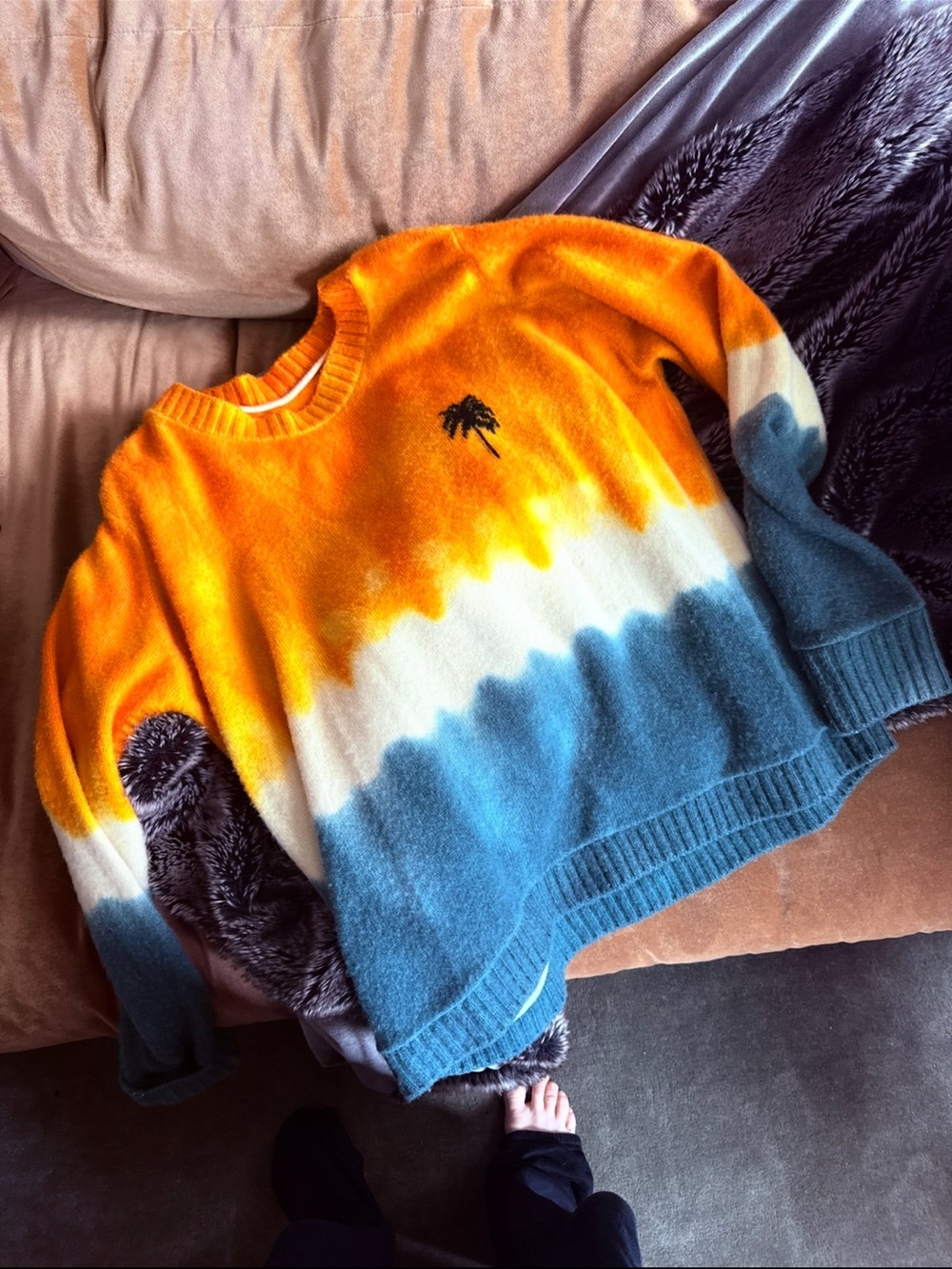 The Elder Statesman Orange, White & Blue Ombre Palm Crewneck